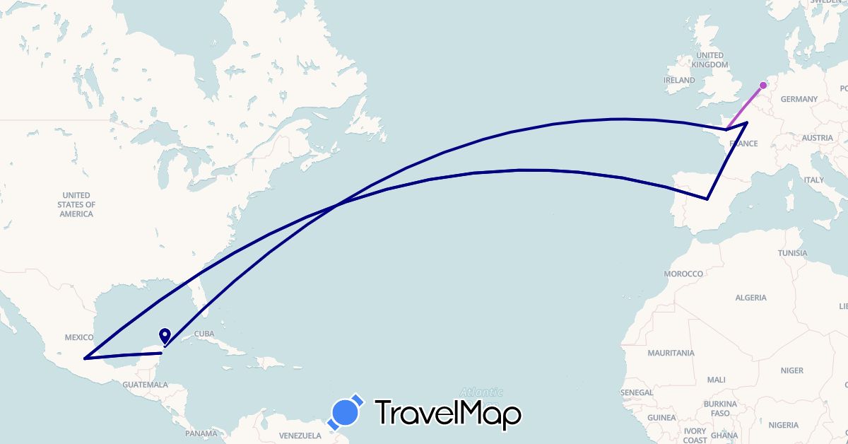 TravelMap itinerary: driving, train in Spain, France, Mexico, Netherlands (Europe, North America)
